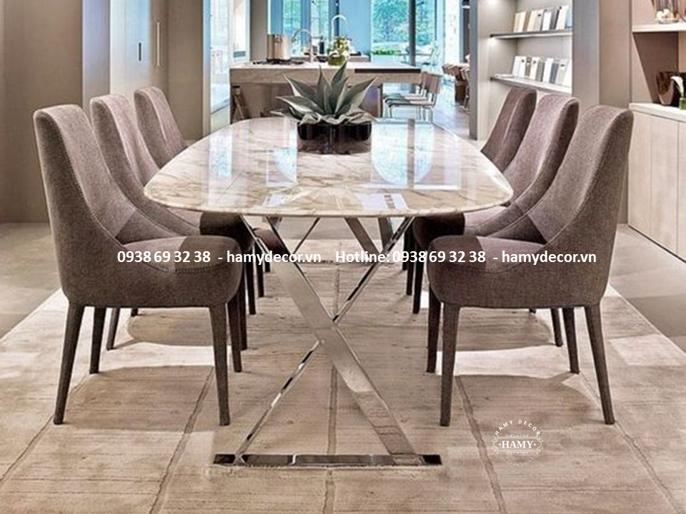 Bàn ăn Inox trắng bóng mặt đá Marble - 27