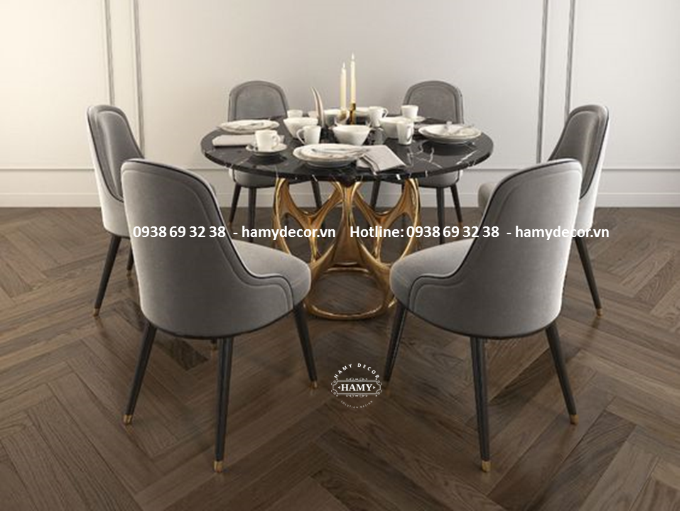 Bàn ăn chân inox mạ vàng Mặt đá Marble - 61