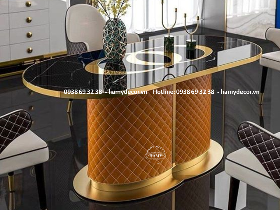 Bàn ăn chân inox mạ vàng Mặt đá Marble - 60