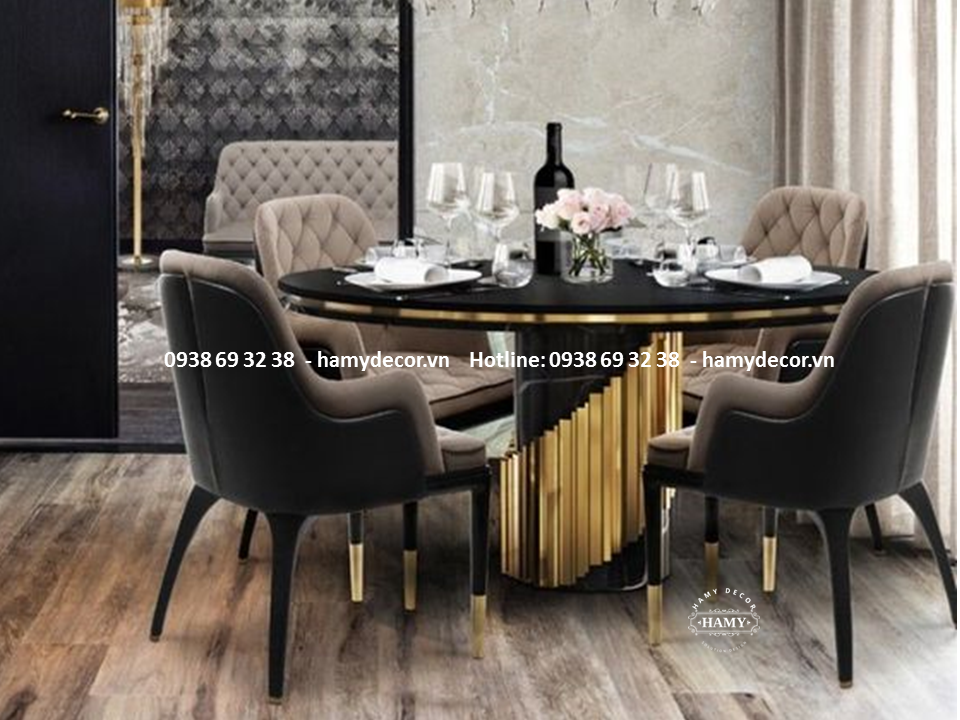 Bàn ăn inox mạ PVD mặt gỗ 48