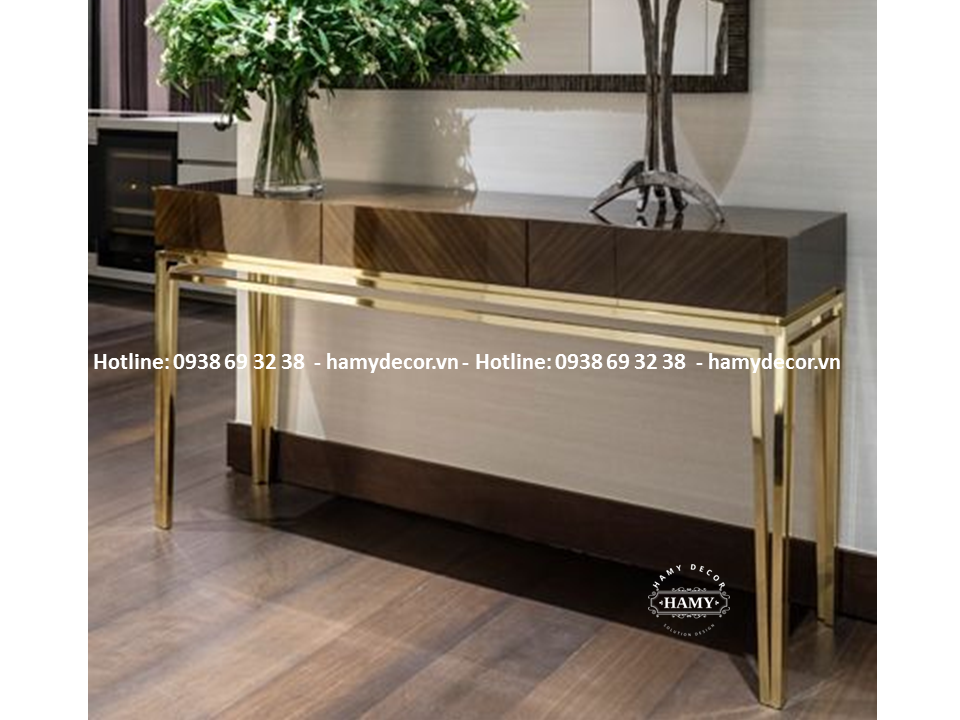 Bàn console inox mạ vàng mặt gỗ - 22
