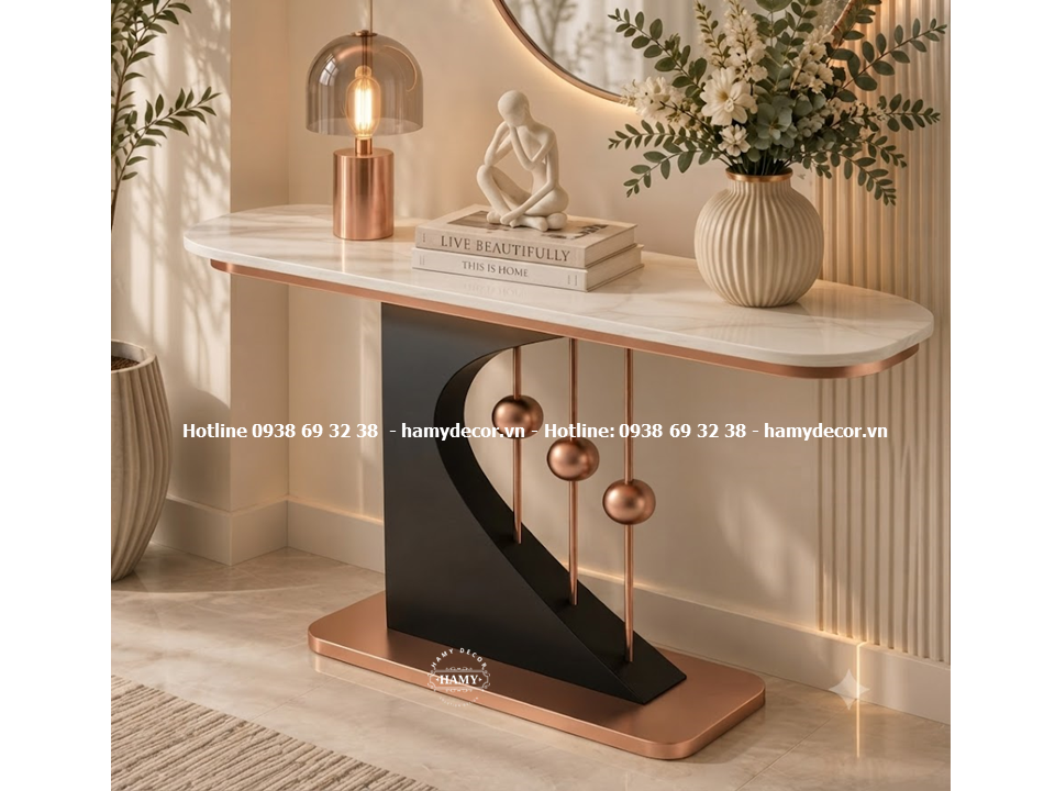 Bàn console chân inox mạ vàng hồng phong cách Modern Luxury