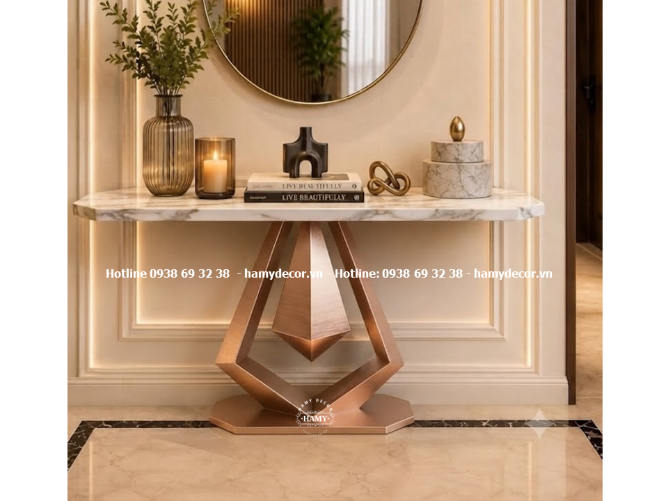 Bàn console inox vàng hồng nghê thuật hình dáng viên kim cương 