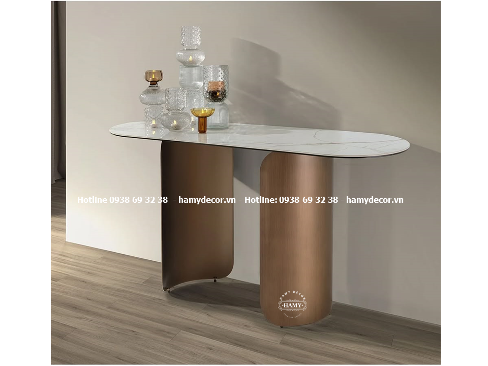 Mẫu bàn console chân inox 304 mạ vàng hồng mặt đá trắng vân mây