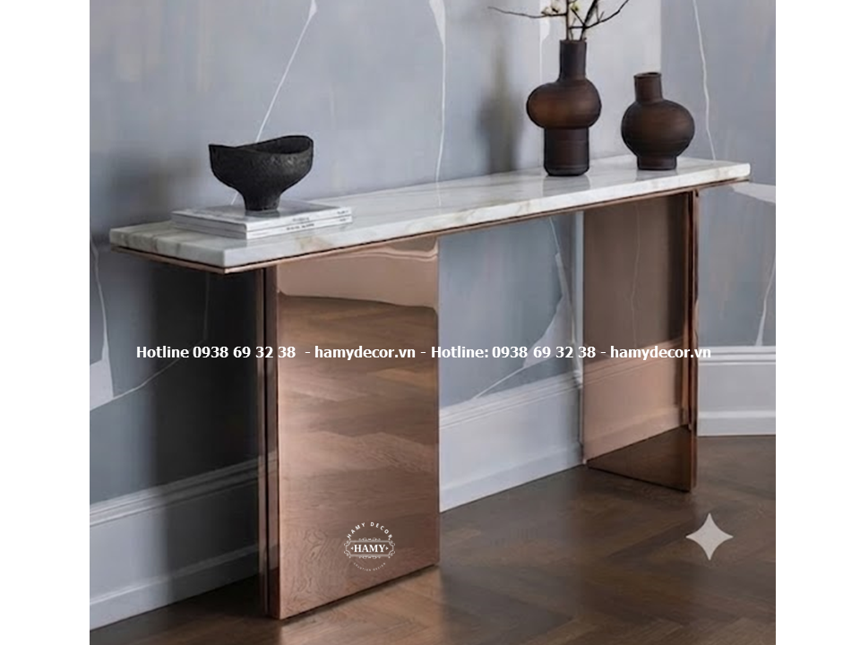 Bàn console inox mạ vàng hồng trang trí phòng khách, sảnh khách sạn