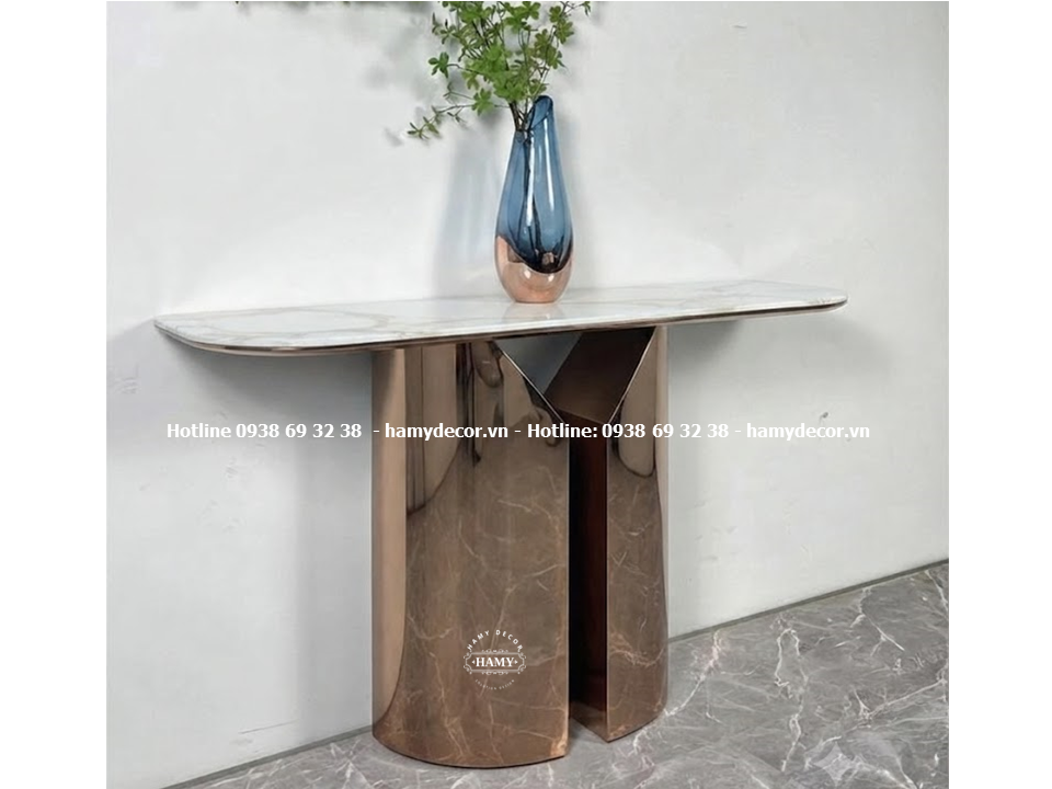 Mẫu bàn console chân inox vàng hồng trang trí phòng khách