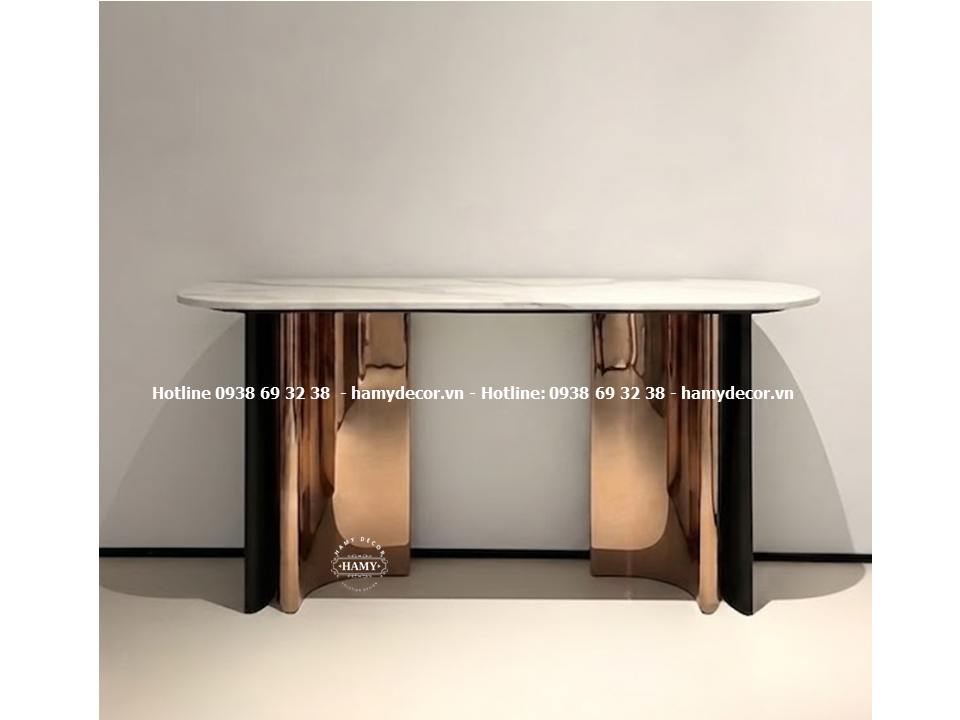 Bàn console inox vàng hồng trang trí sảnh khách sạn, phòng chờ hạng sang