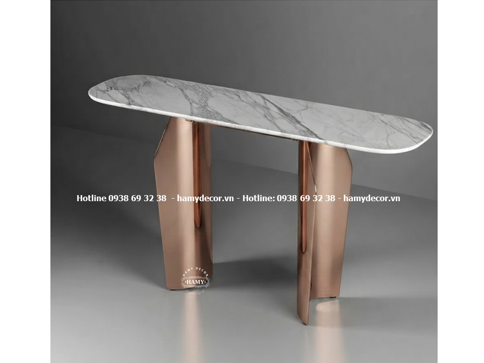 Bàn console inox mạ vàng hồng nghệ thuật không gian sảnh khách sạn, biệt thự hay căn hộ hạng sang