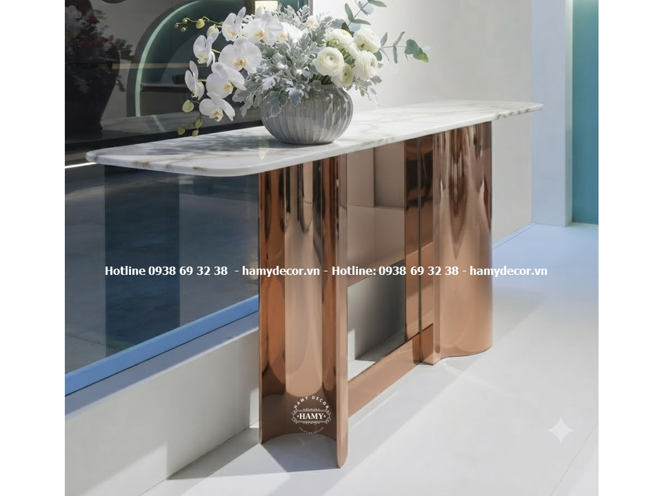 Bàn console chân inox mạ vàng hồng trang trí & tạo điểm nhấn hàng lang