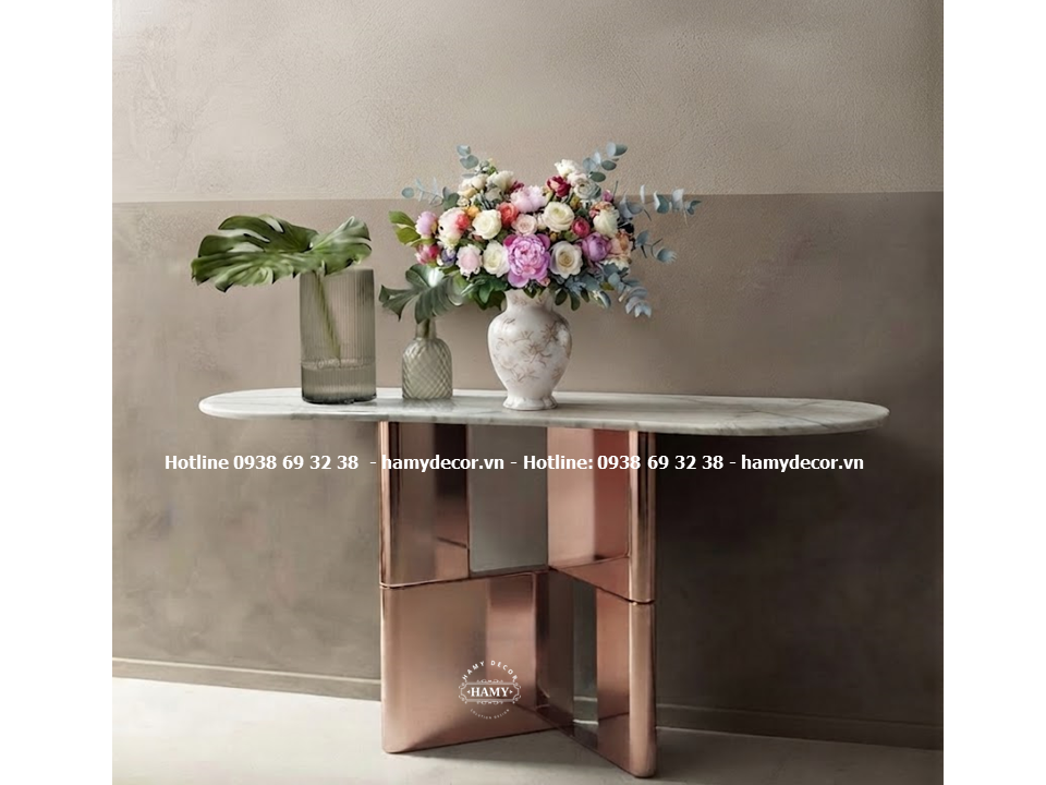 Bàn console inox mạ vàng hồng trang trí sảnh chờ thang máy