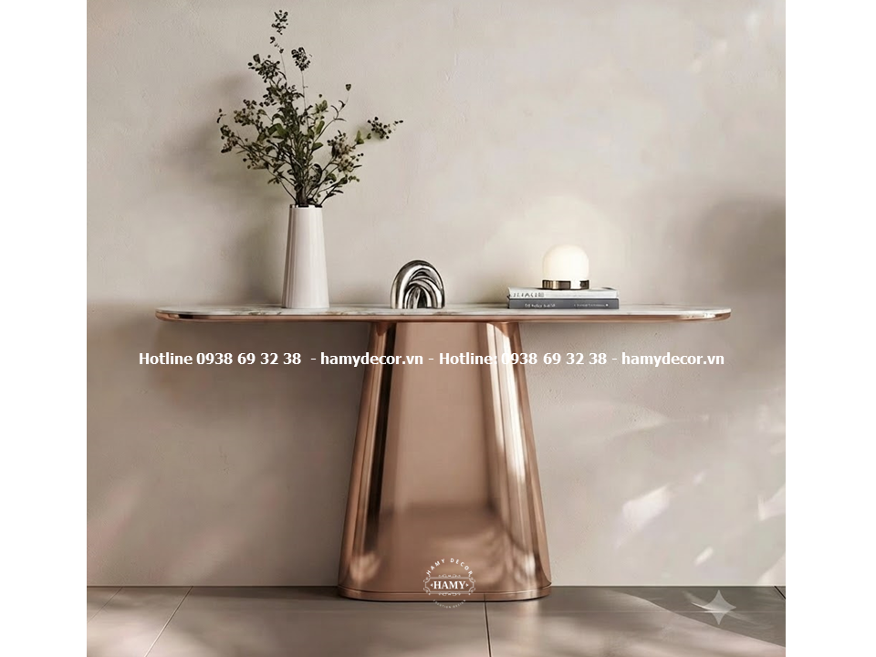 Bàn console trang trí chân inox vàng hồng bóng gương