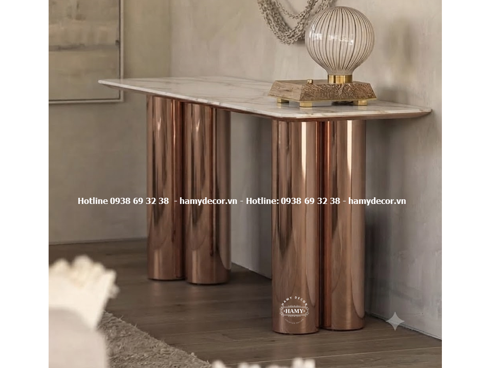 Bàn console inox mạ vàng hồng 4 chân trụ tròn 