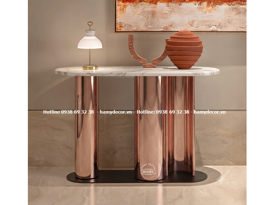 Bàn console inox mạ vàng hồng  đặt ở sảnh chờ, hành lang