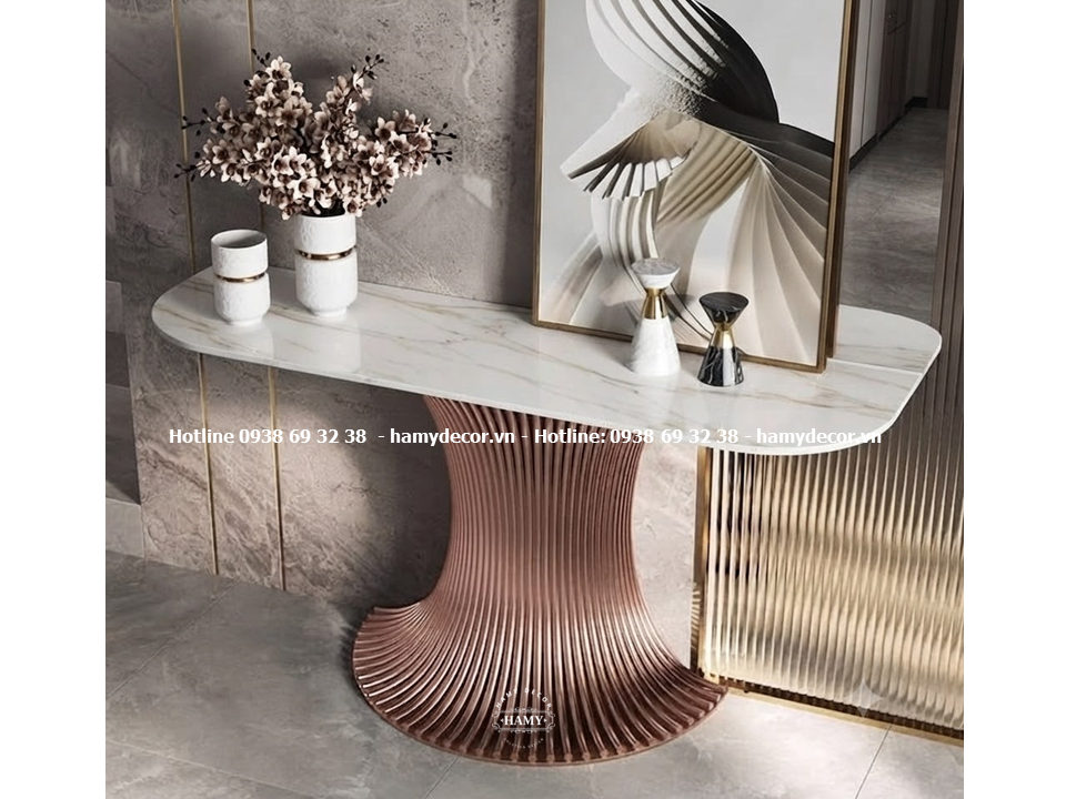 Bàn console inox mạ PVD màu vàng hồng (Rose Gold) sáng bóng