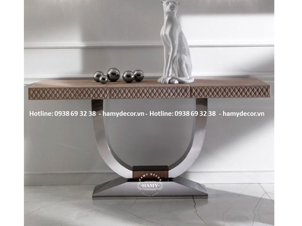 Bàn console inox trắng gương, mặt bàn bọc da PU - 27