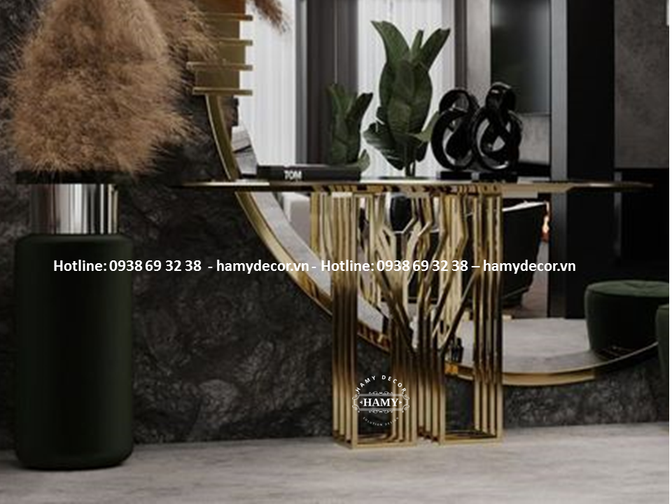Bàn console khung chân inox mạ vàng Mặt kính cường lực sơn đen - 163