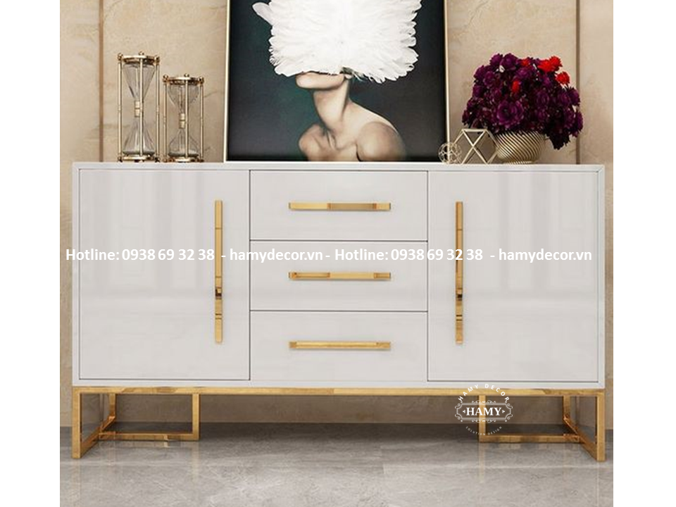 Tủ console inox mạ PVD, Mặt gỗ sơn trắng - 07