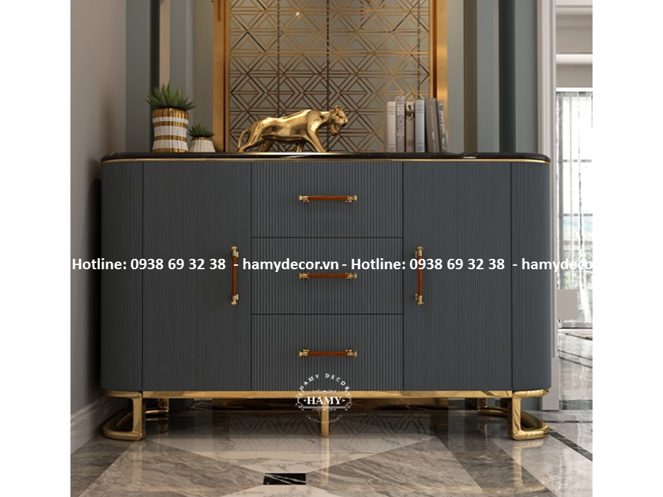 Tủ trang trí inox mạ vàng mặt đá đen - 172
