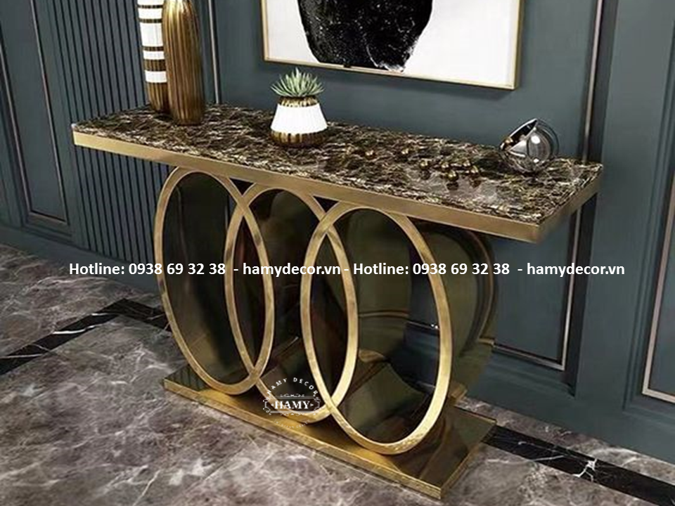 Bàn console mặt đá Nâu Tây Ban Nha chân inox mạ vàng - 177