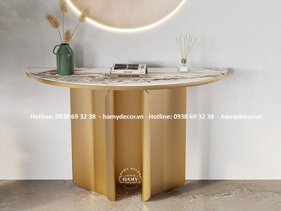Bàn console inox mạ vàng mặt đá bán nguyệt - 182
