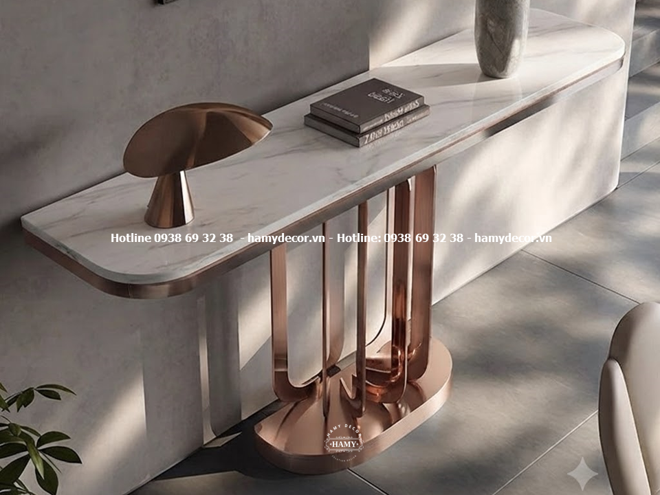Bàn console chân inox mạ vàng hồng hệ chân trụ độc đáo