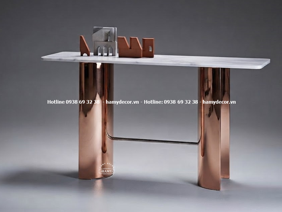 Bàn console chân bàn inox mạ vàng hồng độc đáo (Kiểu dáng trụ kép)