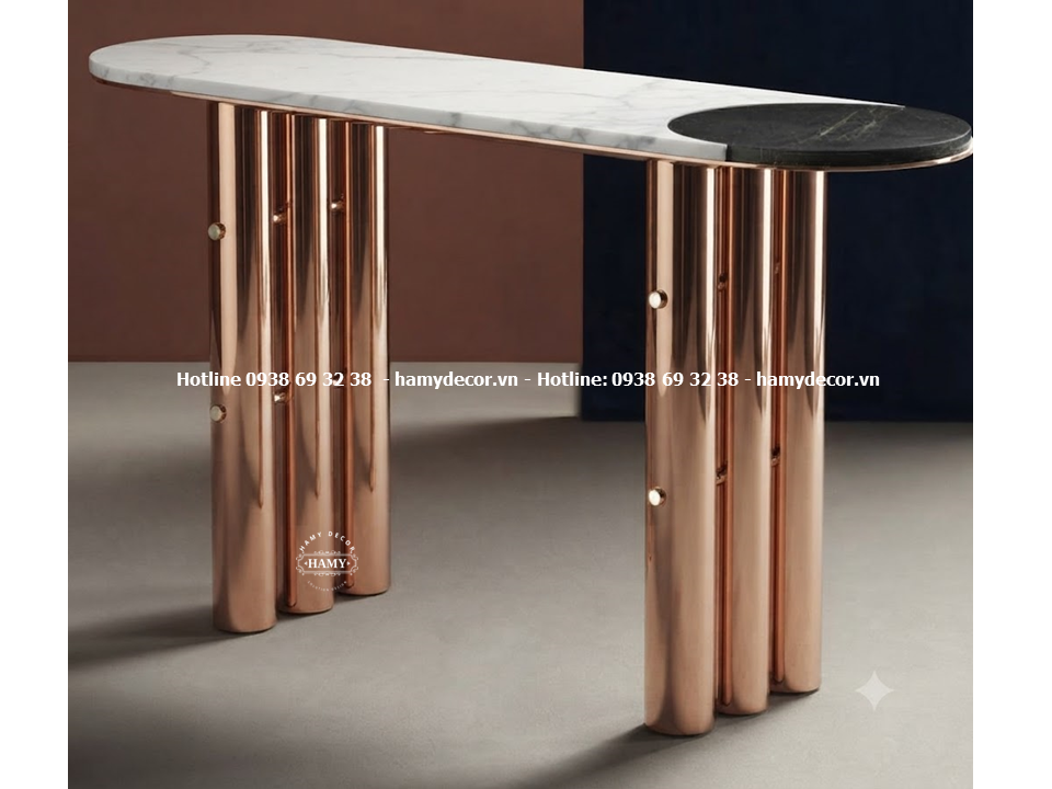 Bàn console chân trụ inox mạ vàng hồng Thiết kế giao thoa giữa phong cách đương đại và vật liệu luxury 