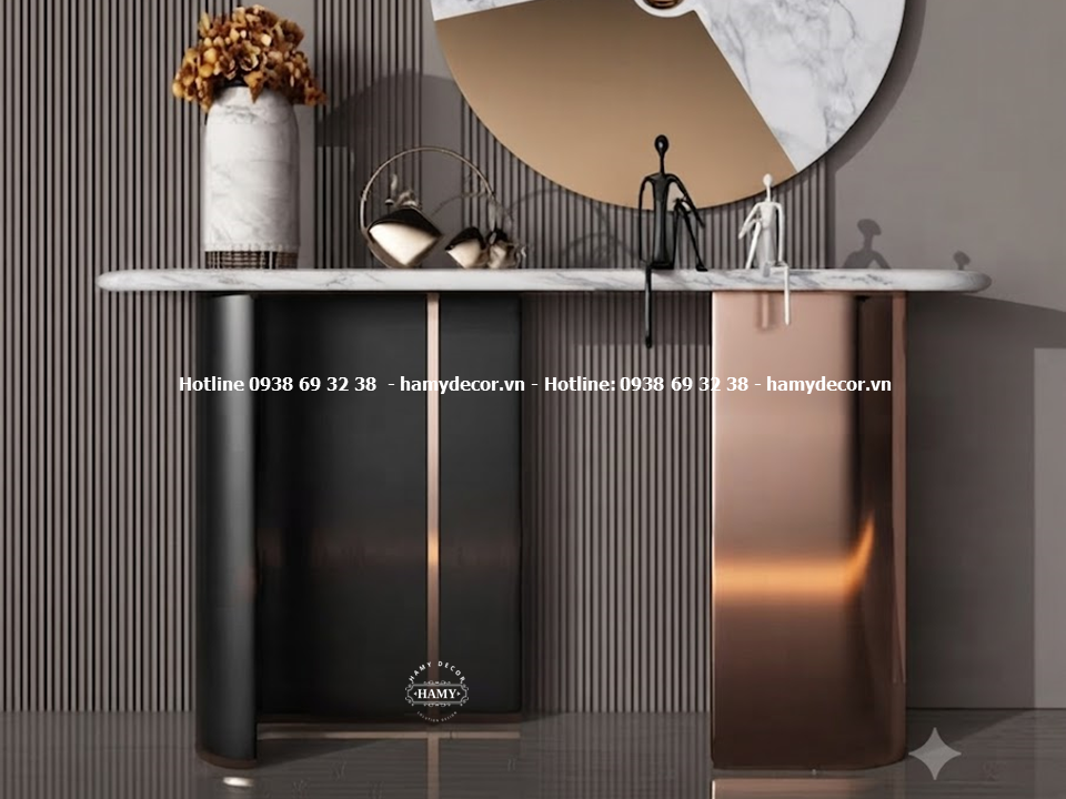 Bàn console khung inox mạ vàng hồng mặt bàn đá trắng vân mây