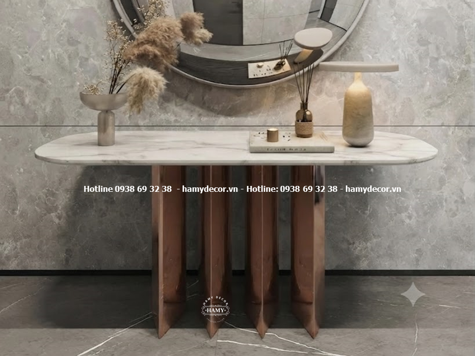 Bàn console inox mạ vàng hồng đặt sảnh chờ khách sạn, tiền sảnh biệt thự