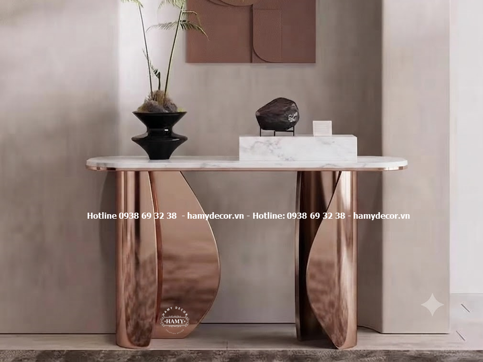 Bàn console inox vàng hồng trang trí sánh khách sạn, phòng chờ sang trọng