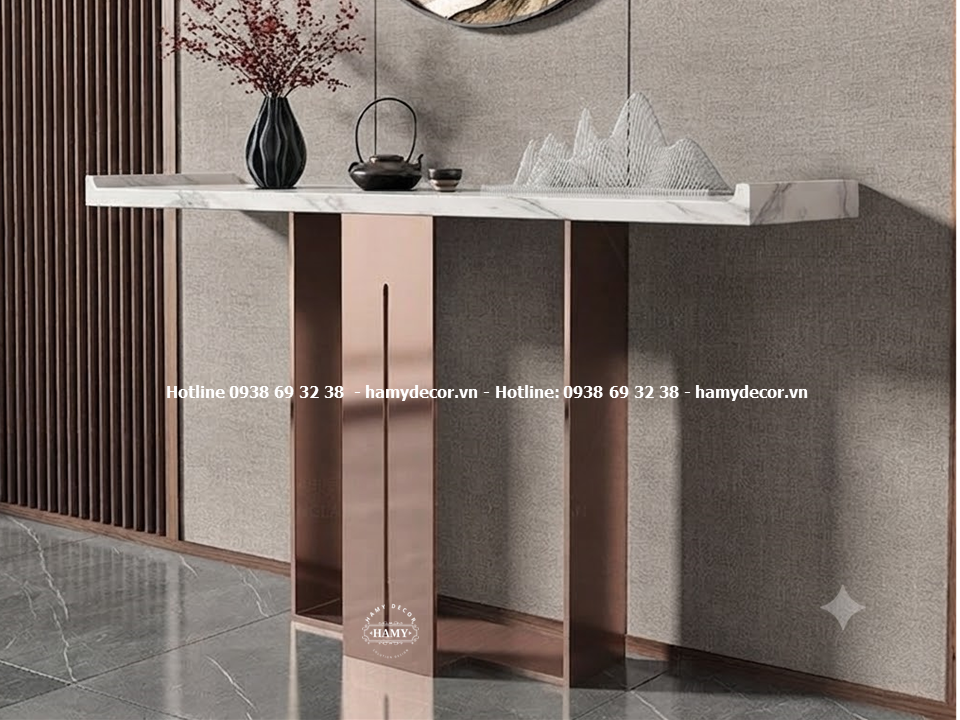 Bàn console inox vàng hồng trang trí và trưng bày vật phẩm