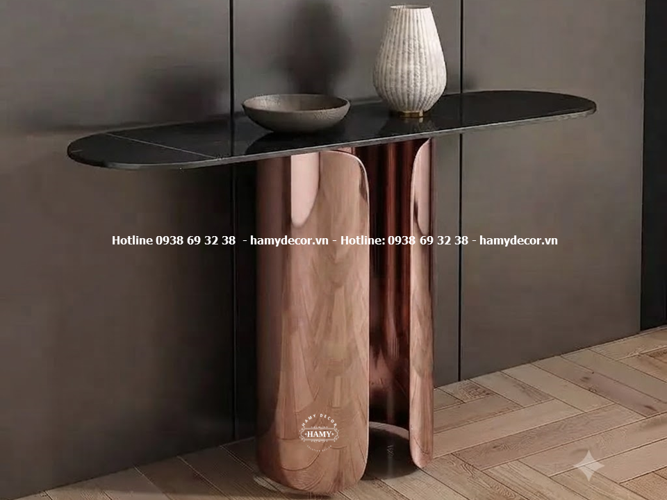 Bàn console trang trí chân inox mạ hồng bóng gương 