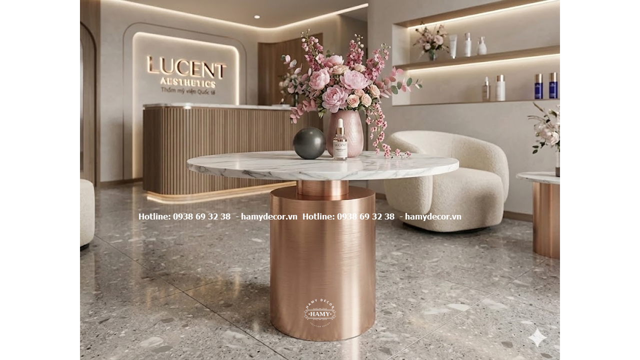 Bàn inox mạ vàng hồng không gian sảnh spa, thẩm mỹ viện 