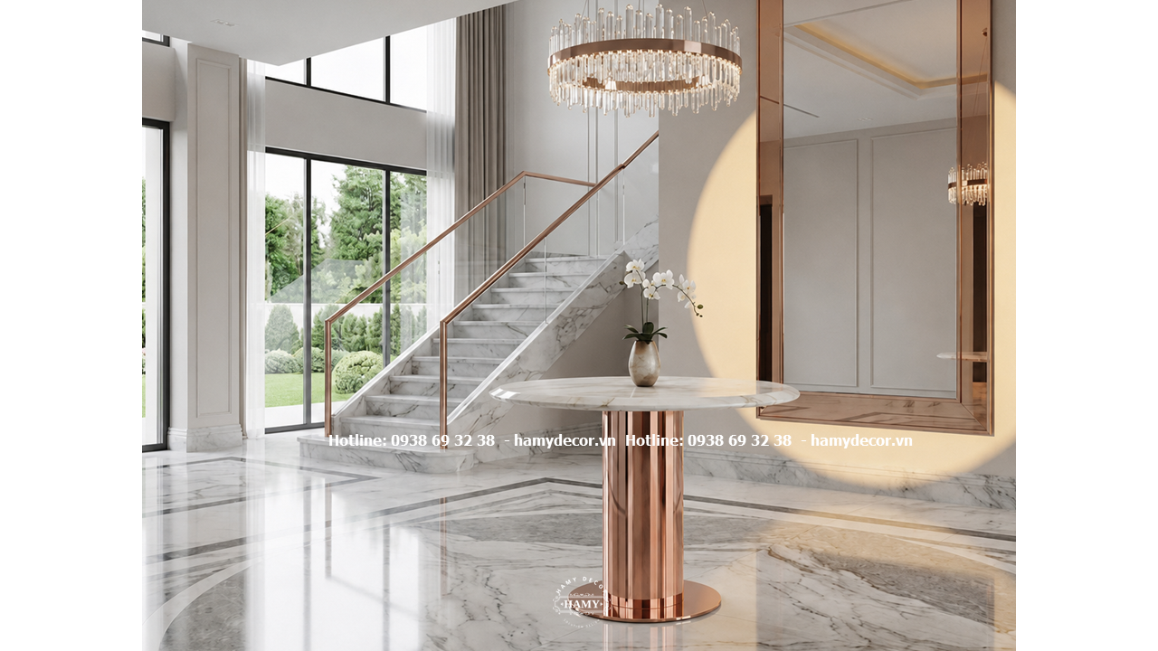 Bàn sảnh chân inox vàng hồng bóng gương