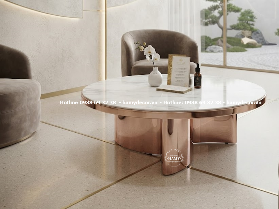 Bàn sofa tròn Hệ chân chữ thập inox vàng hồng (MIRR - ROSE GOLD) uốn cong