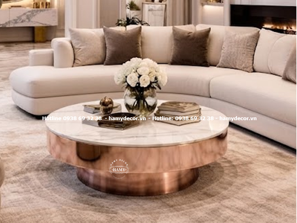 Bàn sofanày mang kiểu dáng thân trụ tròn bọc đai lớn inox vàng hồng (MIRR - ROSE GOLD)