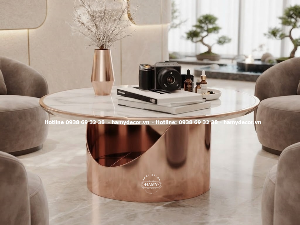 Bàn sofa tròn Khung chân và thân bàn – Inox mạ vàng hồng (Rose Gold) gương