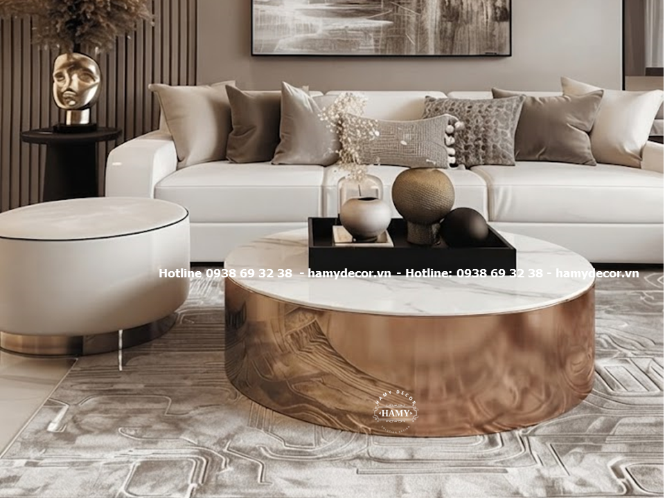 Bàn sofa tròn inox mạ vàng hồng (MIRR - ROSE GOLD) và mặt bàn đá trắng vân mây