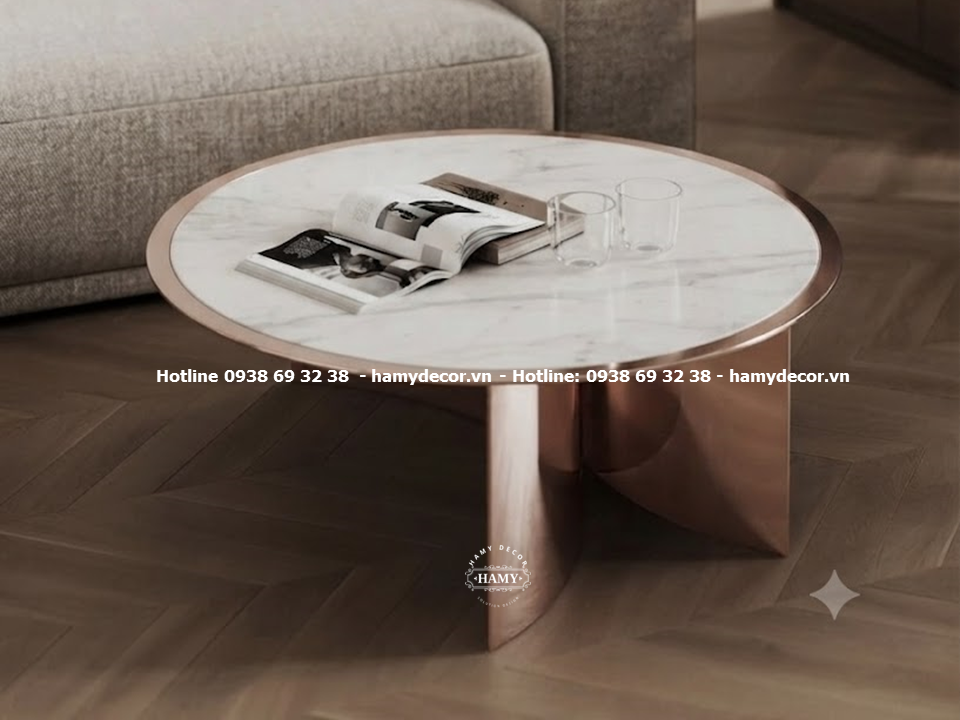 Bàn sofa tròn inox vàng hồng (MIRR - ROSE GOLD) chân chữ X nghệ thuật