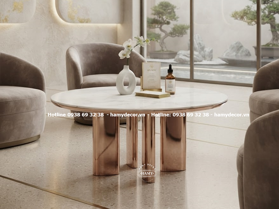 Bàn sofa inox mạ vàng hồng (MIRR - ROSE GOLD) chân trụ độc đáo