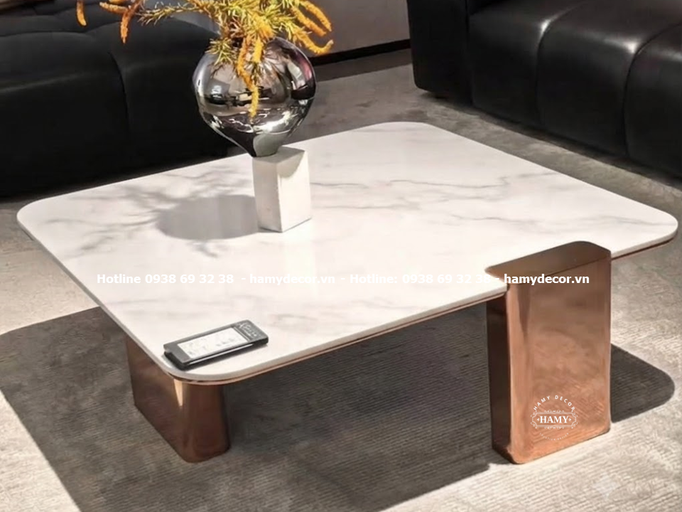 Mẫu bàn sofa inox vàng hồng (MIRR - ROSE GOLD) mặt đá trắng vân mây