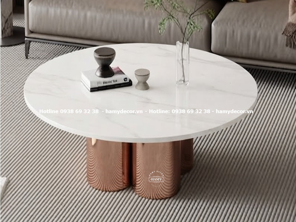 Bàn sofa chân inox mạ vàng hồng bóng gương kết hợp mặt đá trắng vân mây