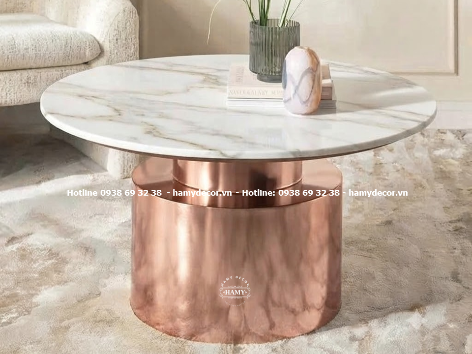 Bàn sofa chân inox vàng hồng gương kết hợp mặt đá trắng vân mây