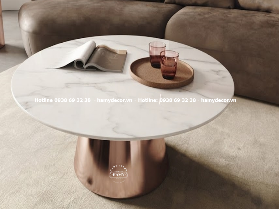 Bàn sofa tròn Chân trụ – Inox mạ vàng hồng (MIR - Rose Gold) gương