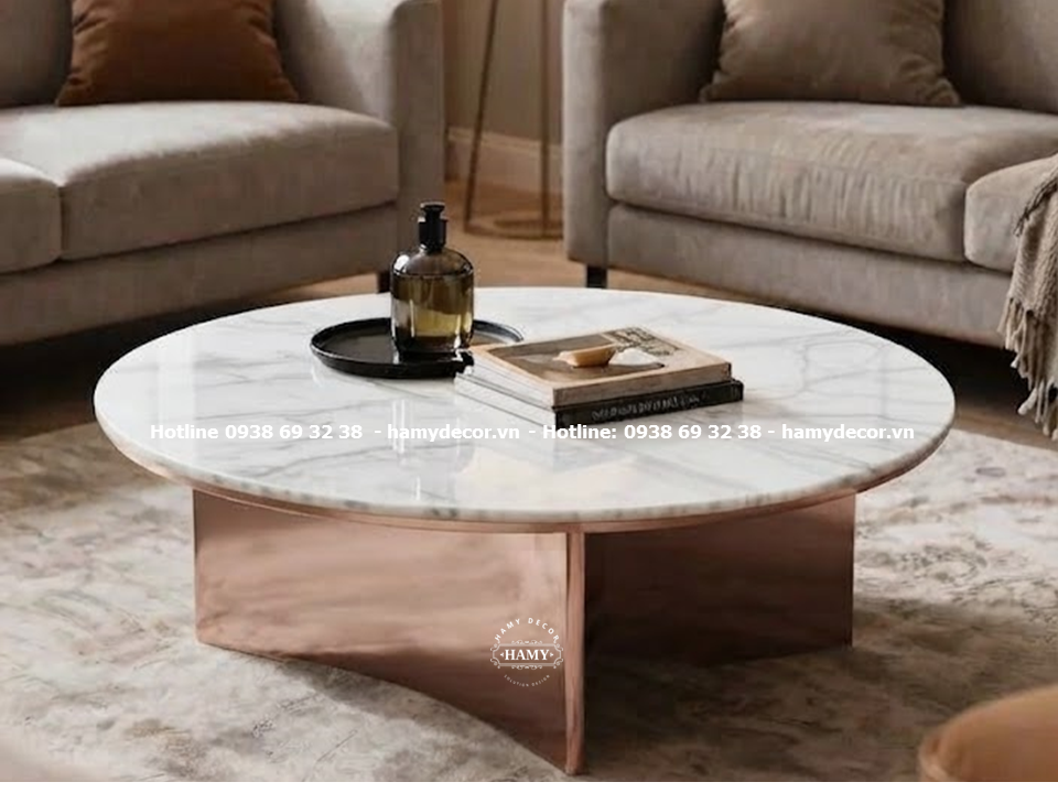 Bàn sofa kết hợp giữa mặt bàn tròn và hệ khung chân inox vàng hồng độc đáo