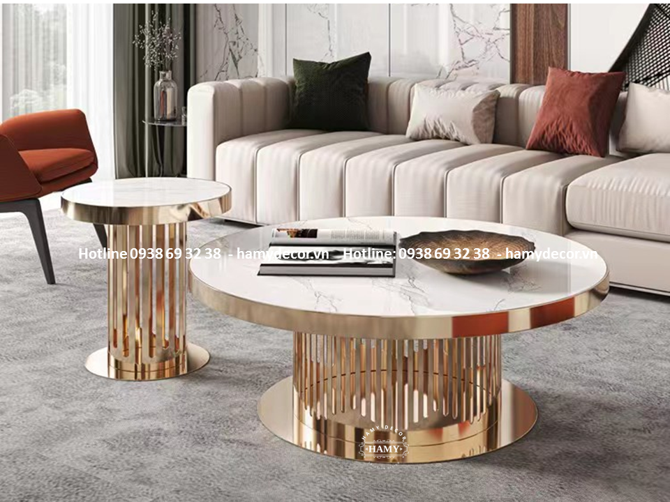 Bàn sofa đôi inox cắt CNC Mặt đá trắng vân mây - 104