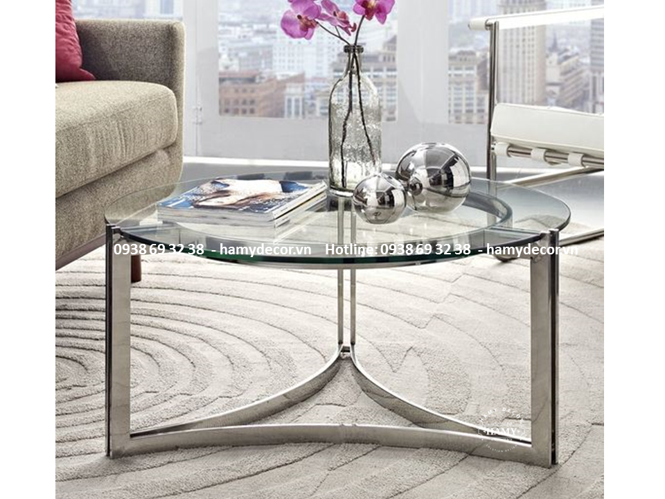 Bàn trà Inox trắng bóng mặt kính cường lực 10