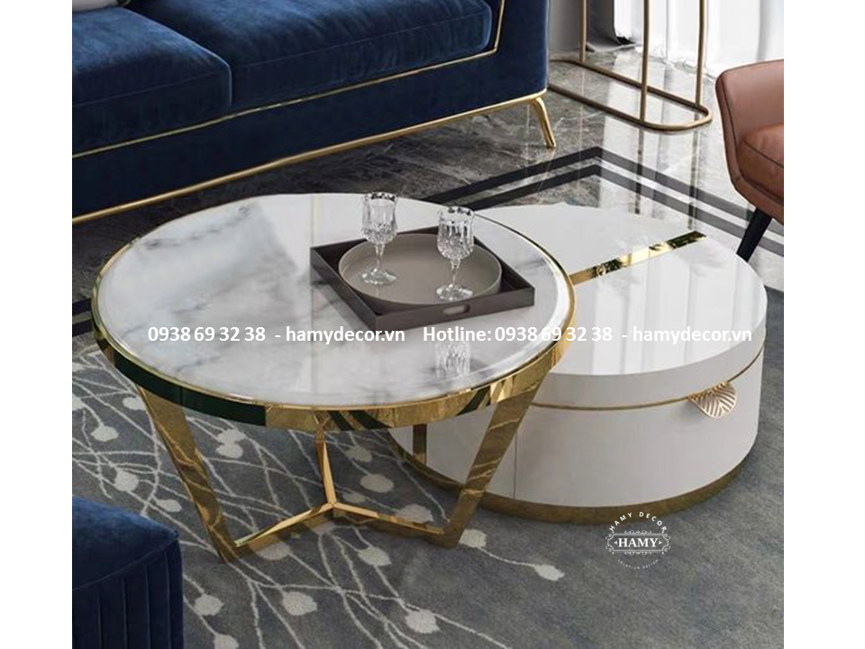 Bàn Sofa đôi khung inox PVD hộc tủ gỗ 19