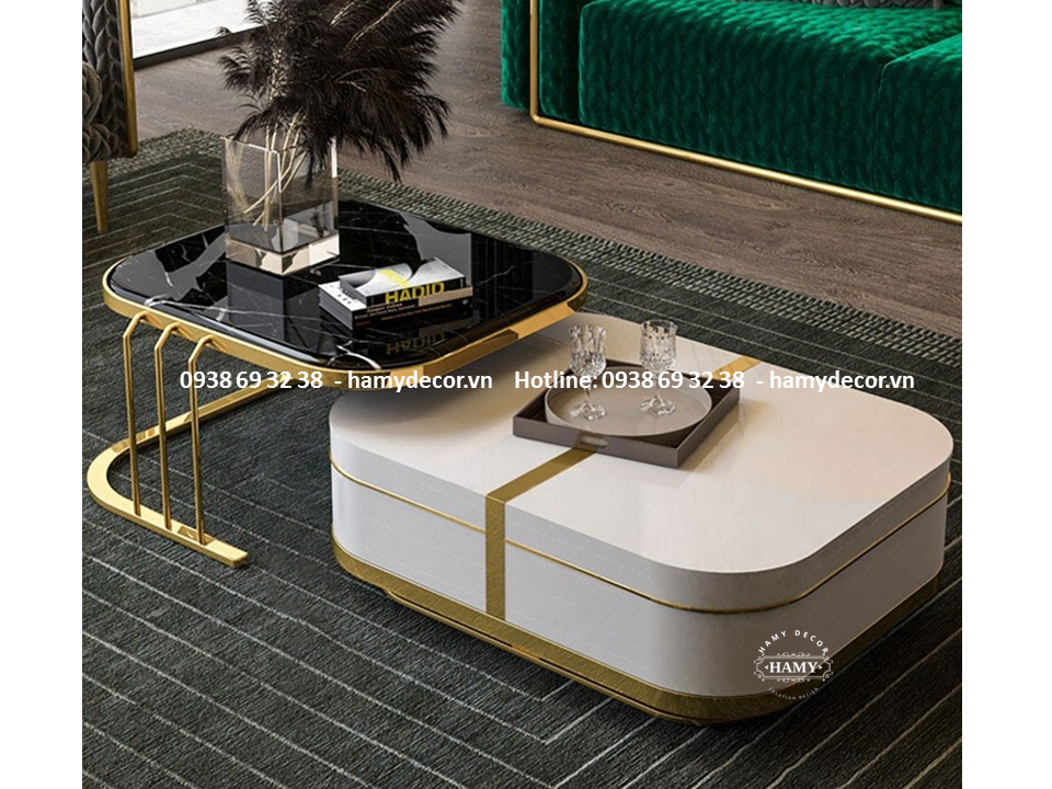 Bàn sofa Inox mạ màu vàng mặt đá Marble 05