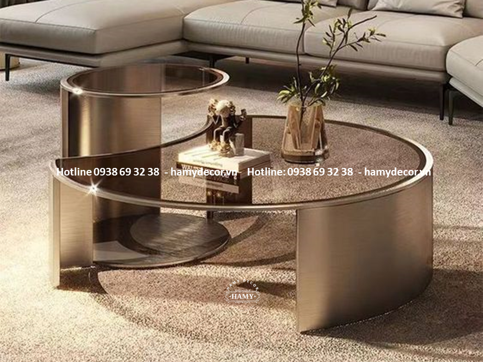 Bàn trà đôi inox mạ vàng hồng mặt kính trà cường lực - 105